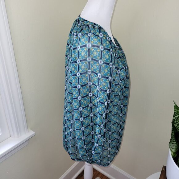 Liz Claiborne Green Blue Print Popover 3/4 Sleeve Boho Chiffon Blouse Women SZ L - Picture 6 of 13
